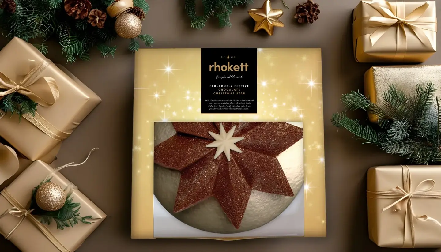 Rhokett Chocolate Christmas Star packaging styled with festive decorations