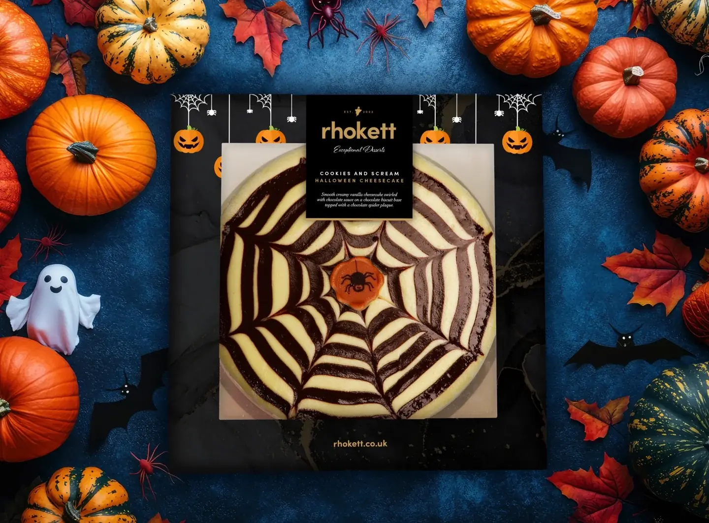 Rhokett Cookies and Scream cheesecake packshot with pumpkins and Halloween decorations