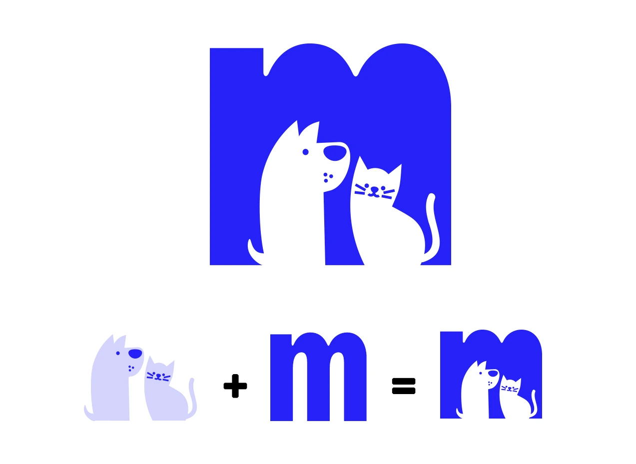 Mount Noddy logo concept combining dog and cat silhouettes with the letter m in blue