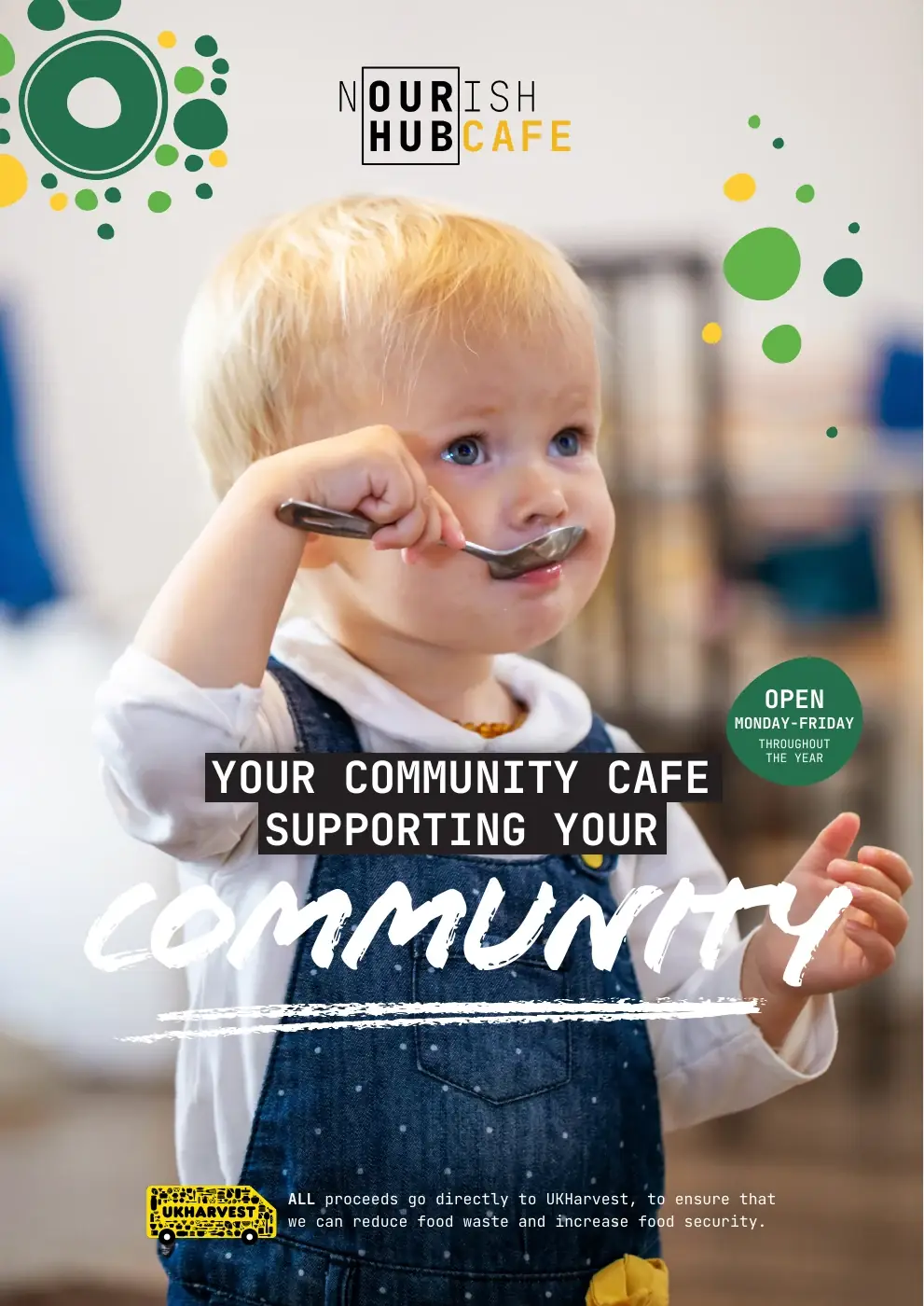 UK Harvest Nourish Hub Cafe A3 poster: Child enjoying food at the Nourish Hub Cafe