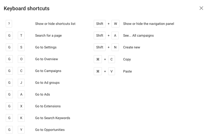 New Google AdWords shortcuts